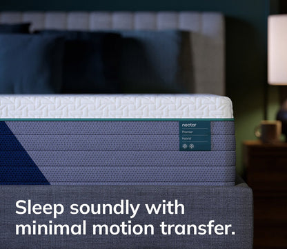 Hand resting on Nectar 5.1 Premier Hybrid Mattress showcasing cool-touch quilted mattress cover.