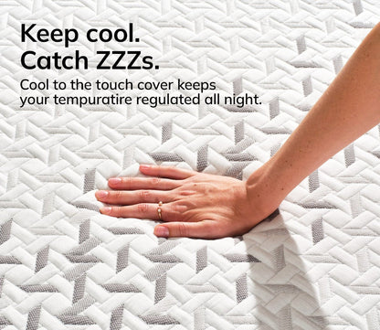 Hand resting on Nectar 5.1 Premier Hybrid Mattress showcasing cool-touch quilted mattress cover.
