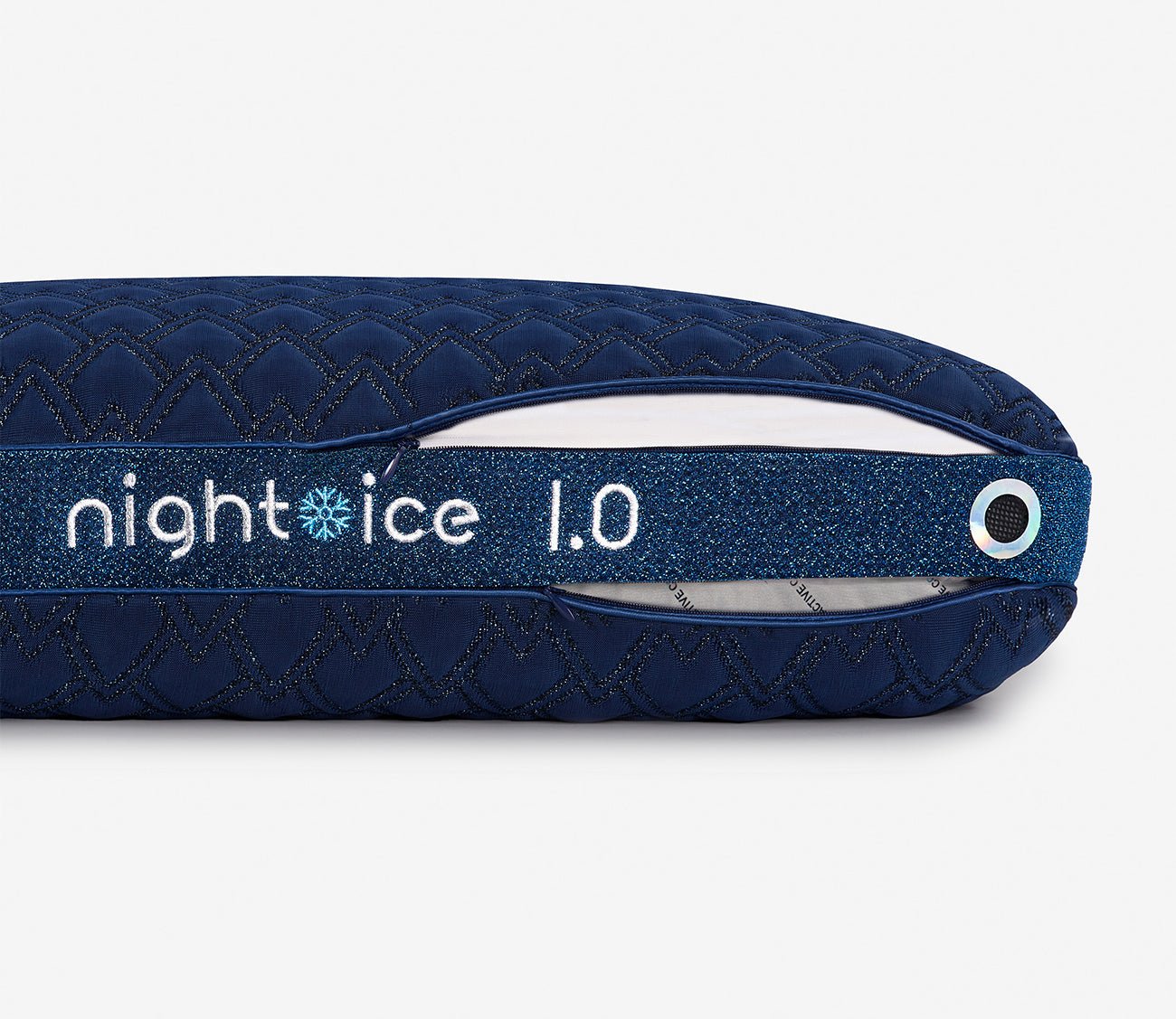 Night Ice Performance Pillow by Bedgear, silo, 1.0 loft, close up of zipper cover