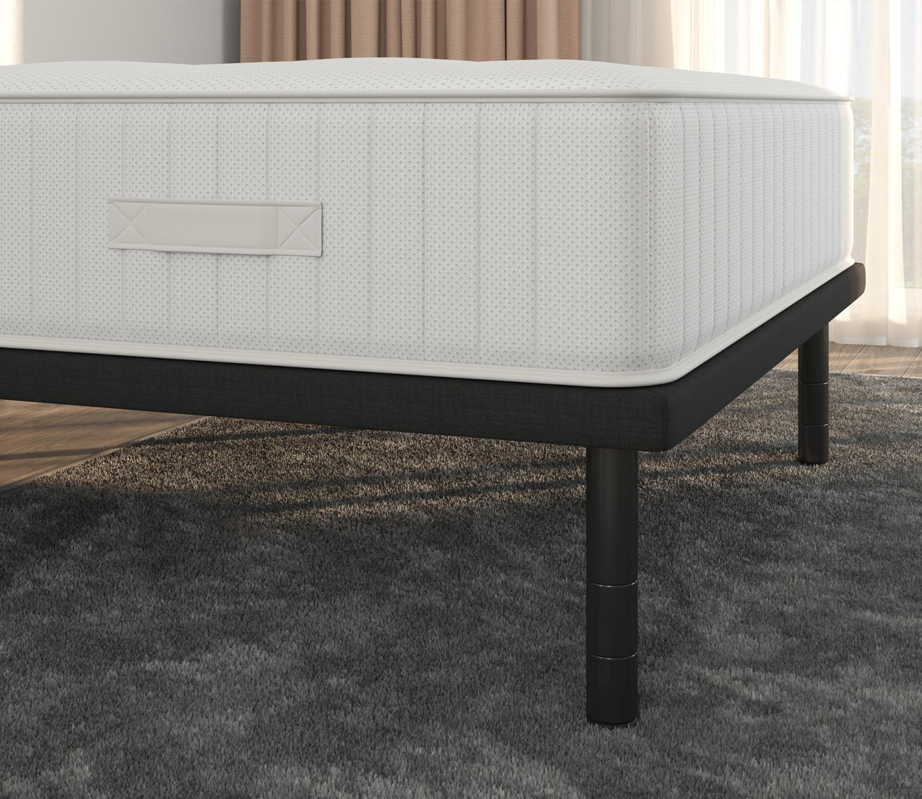 Plateau Platform Frame by Hollywood Bed & Spring MFG, roomscene, close up of corner, showing adjustable height legs