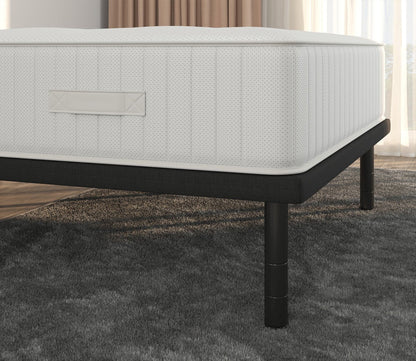 Plateau Platform Frame by Hollywood Bed & Spring MFG, roomscene, close up of corner, showing adjustable height legs
