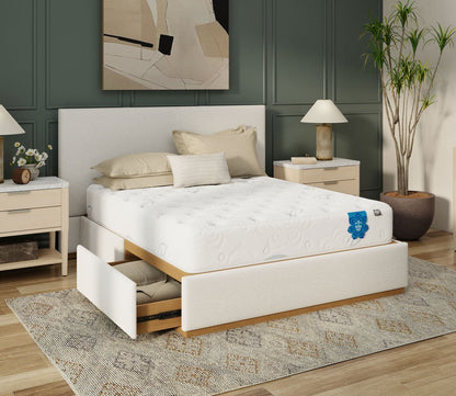 Lifestyle image of PranaSleep Asha Classic 3.0 Plush Mattress set on a storage upholstered bed.