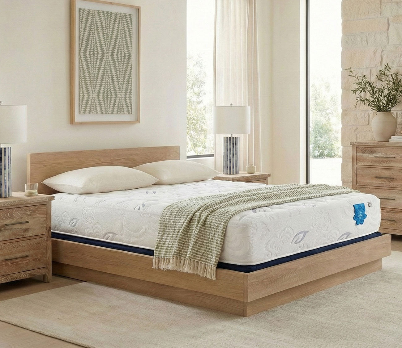 PranaSleep Asha Luxe 3.0 Medium Mattress in a modern bedroom setting - angled view