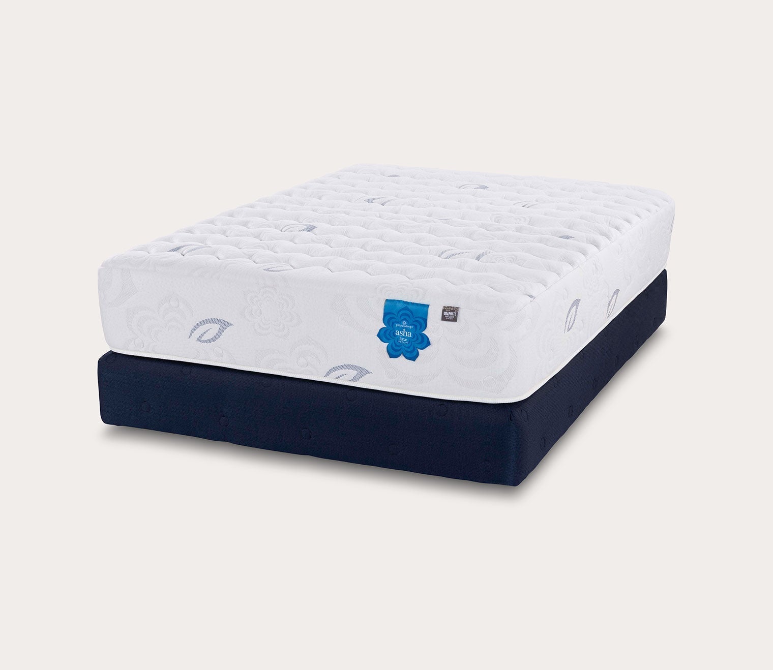 PranaSleep Asha Luxe 3.0 Medium Mattress by PranaSleep - silo angle view on a standard blue foundation