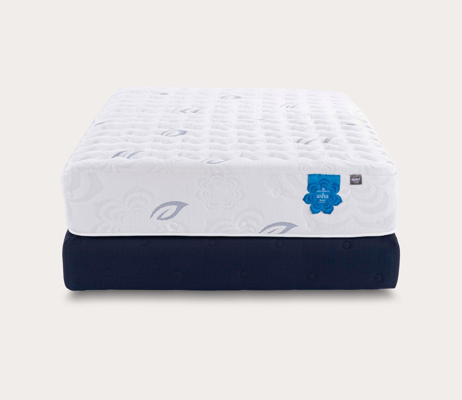 PranaSleep Asha Luxe 3.0 Medium Mattress by PranaSleep - silo front view on a standard blue foundation