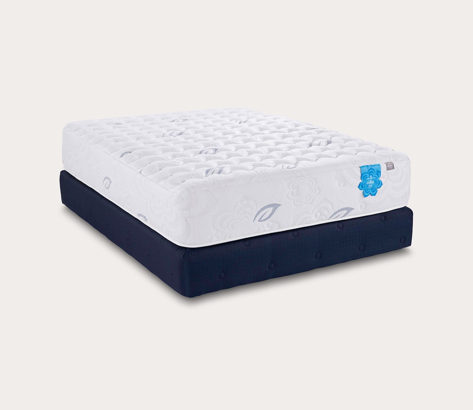 PranaSleep Asha Luxe 3.0 Medium Mattress - silo angle view on a standard blue foundation