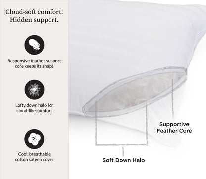 PranaSleep Halo Down Pillow by PranaSleep describing cloud-soft comfort and cool, breathable cotton sateen cover.