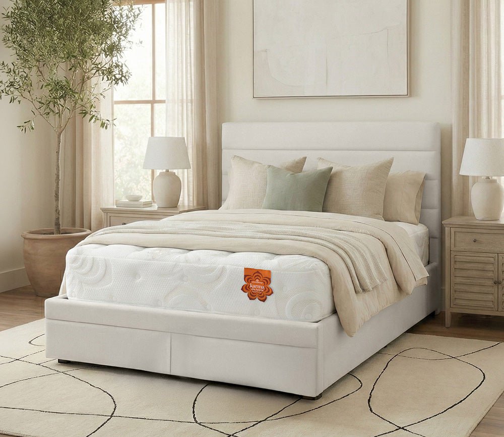 PranaSleep Karma Elite 2 Hybrid Super Cush Mattress in a lifestyle setting - angle view.