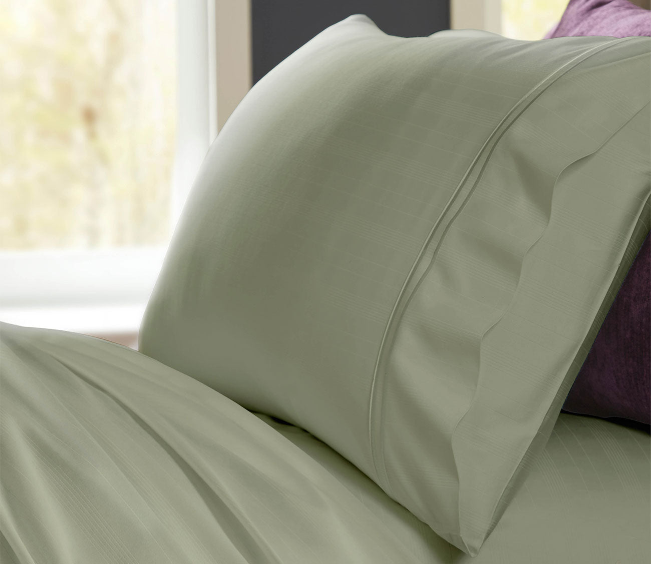 Purecare Premium Bamboo Sheet Set in sage, closeup of pillowcase