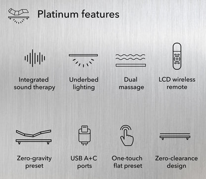 Serta Baselogic Platinum Adjustable Base features - sound therapy, underbed lighting, dualmassage, wireless remote, zero gravity presets, USB ports, one touch flat preset, zero clearance design