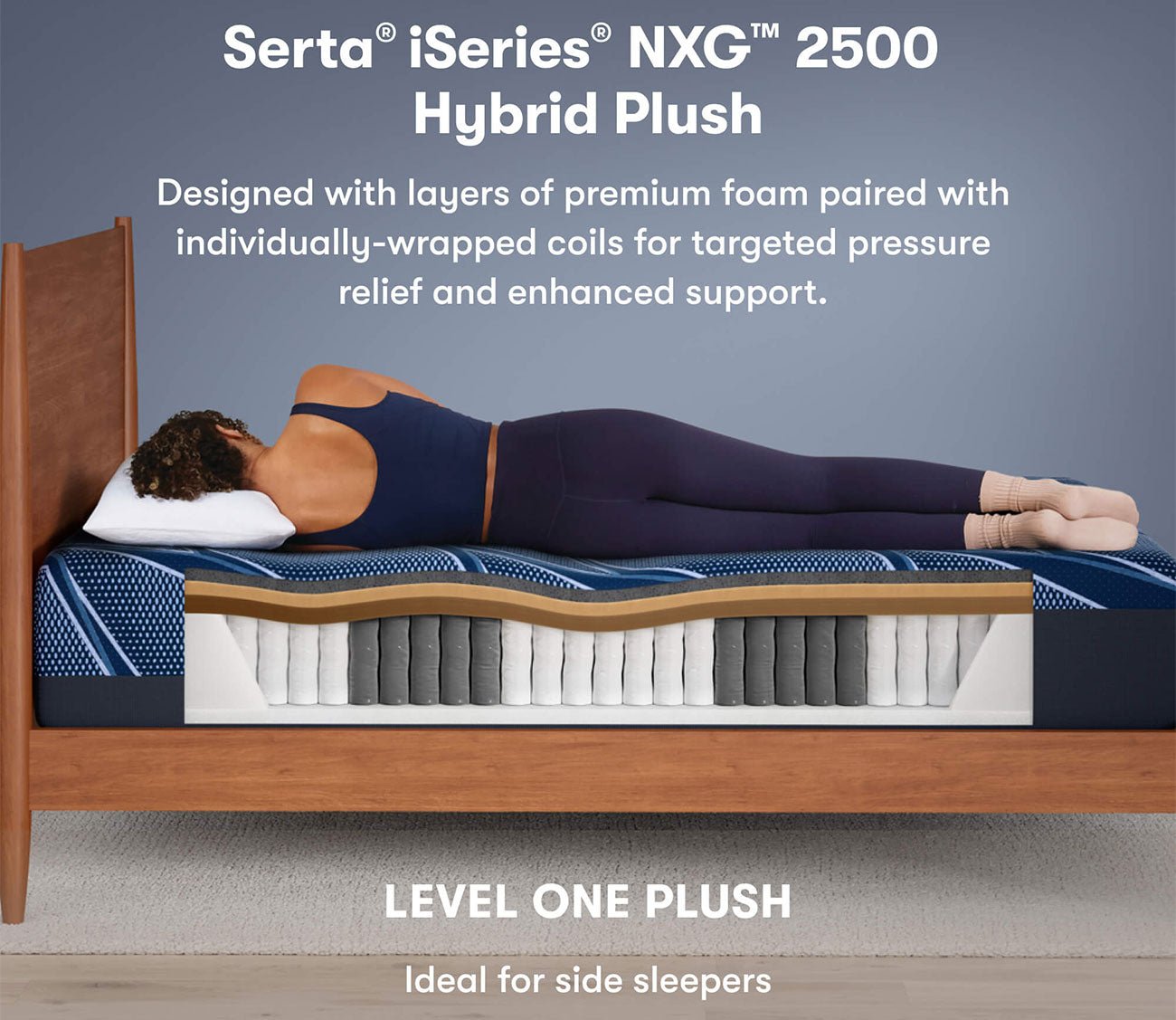 Cutout view of Serta iSeries NXG 2500 Hybrid Plush Mattress showing premium foam and individually-wrapped coil system for targeted pressure relief and enhanced support.