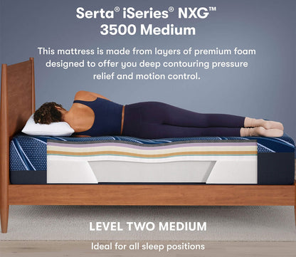 Side sleeper on a Serta iSeries NXG 3500 Medium mattress with a cutaway view of its foam comfort layers.