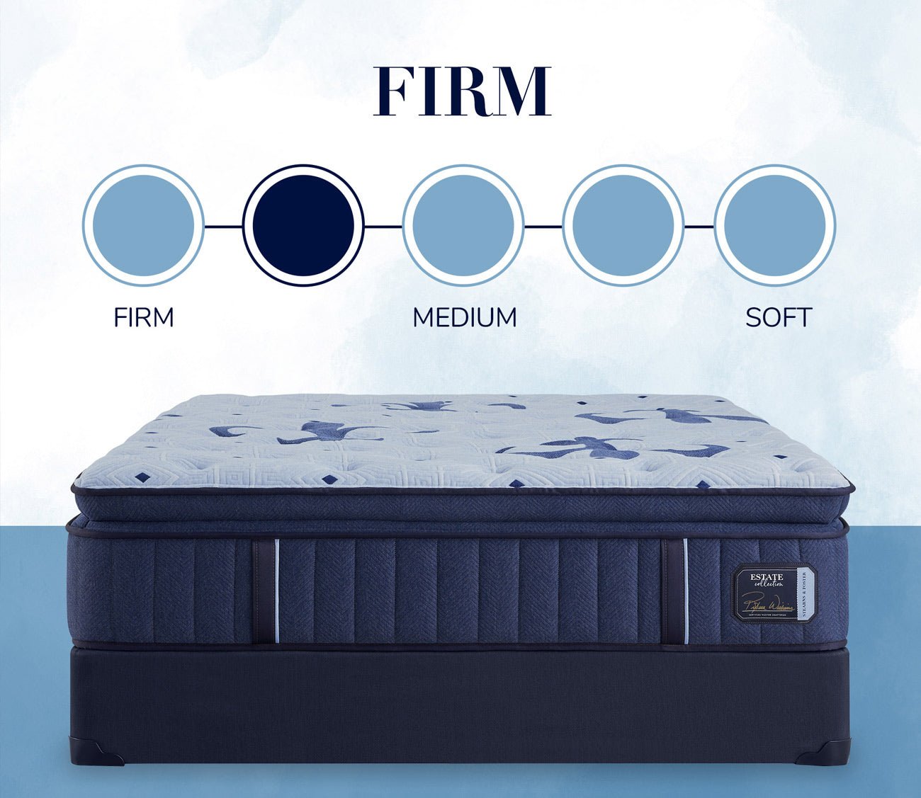 Stearns & Foster Estate Collection firm mattress with scale firmness graphic.