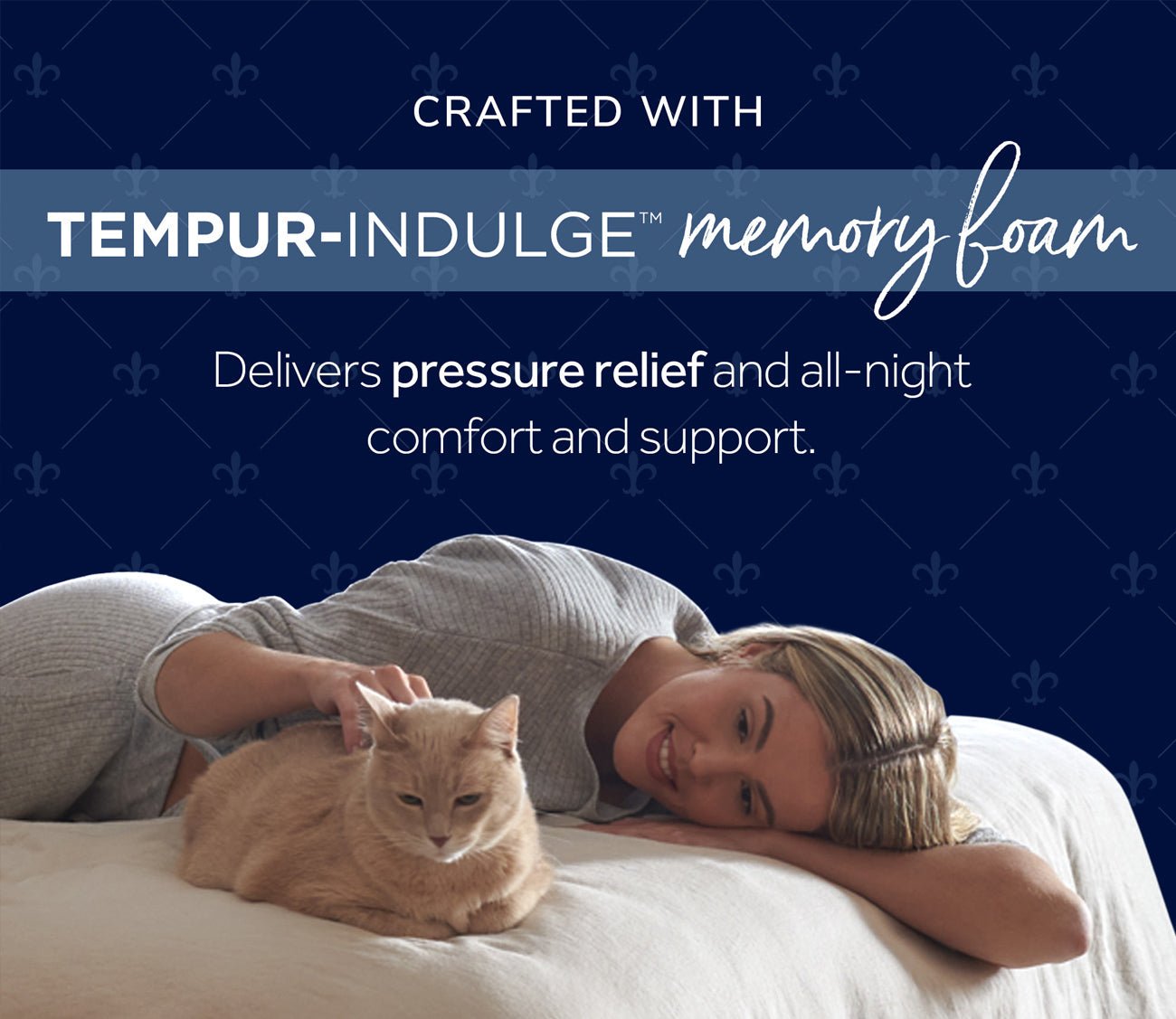 Woman and cat relaxing on mattress featuring Tempur Indulge Memory Foam for pressure relief.