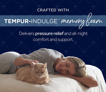 Woman and cat relaxing on mattress featuring Tempur Indulge Memory Foam for pressure relief.