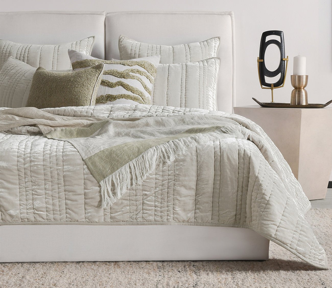 Talara Crafted Throw Blanket by Villa by Classic Home in green in bedroom