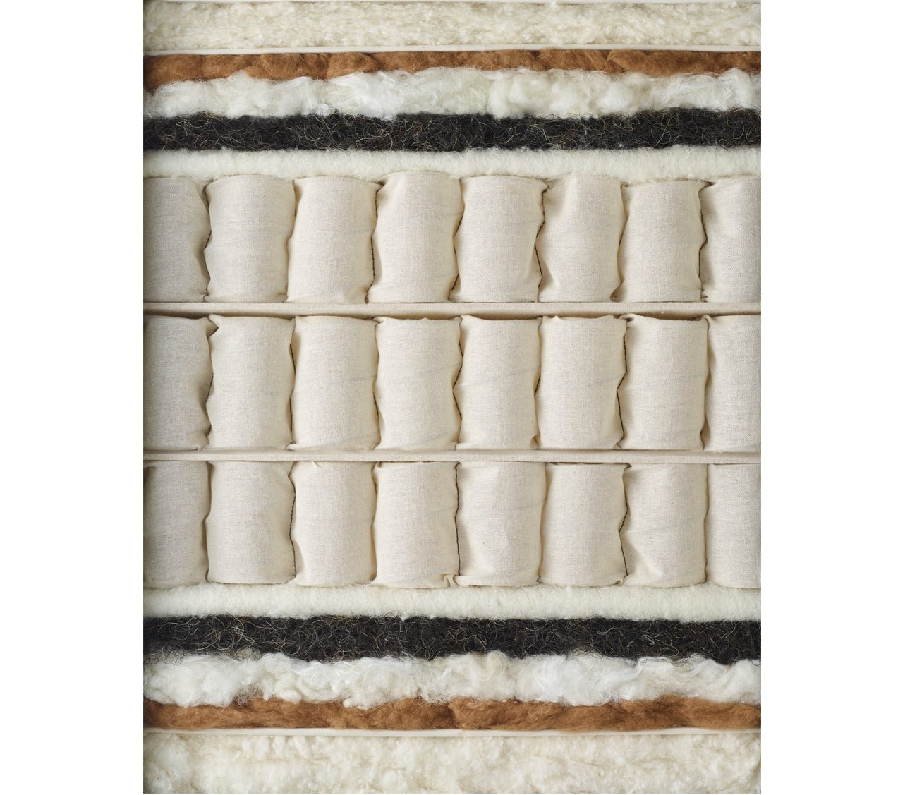 Cutaway view of a Vispring Diamond Majesty mattress showing layered comfort materials and individually wrapped pocketed coils.