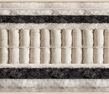 Cross-section of a Vispring mattress showing natural fiber comfort layers and hand-nested pocket springs.