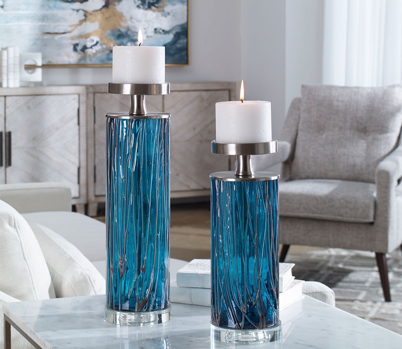 Almanzora Teal Glass Candleholders by Uttermost