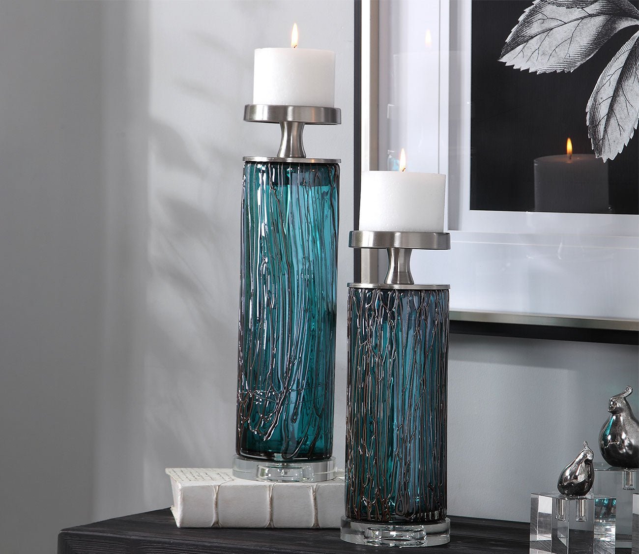 Almanzora Teal Glass Candleholders by Uttermost