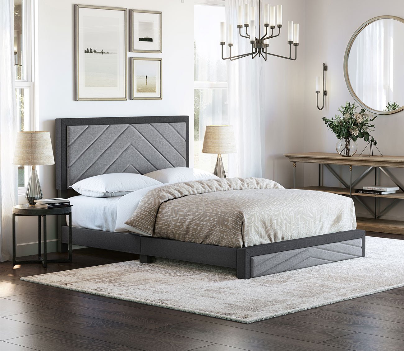 Batavia Chevron Tufted Linen Fabric Platform Bed