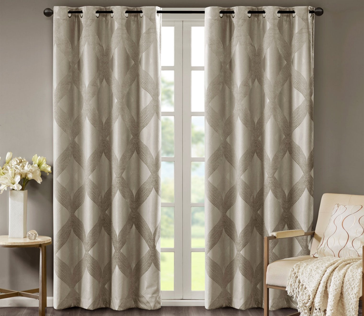 Bentley Ogee Knitted Jacquard Total Blackout Grommet Top Curtain Panel by SunSmart