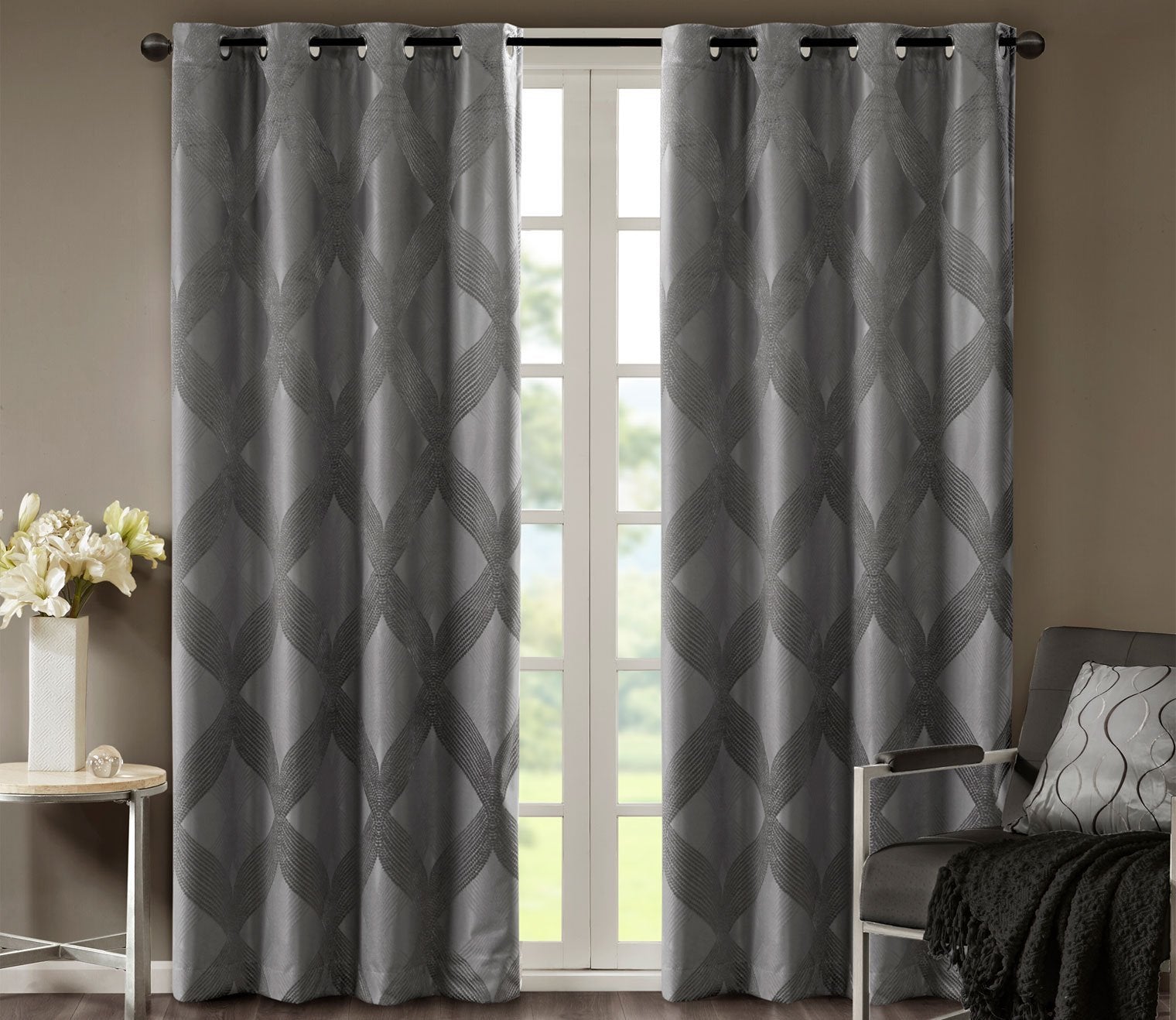 Bentley Ogee Knitted Jacquard Total Blackout Grommet Top Curtain Panel by SunSmart