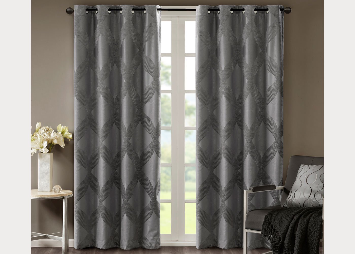 Bentley Ogee Knitted Jacquard Total Blackout Grommet Top Curtain Panel by SunSmart