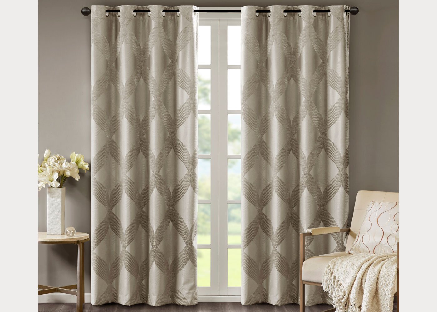 Bentley Ogee Knitted Jacquard Total Blackout Grommet Top Curtain Panel by SunSmart