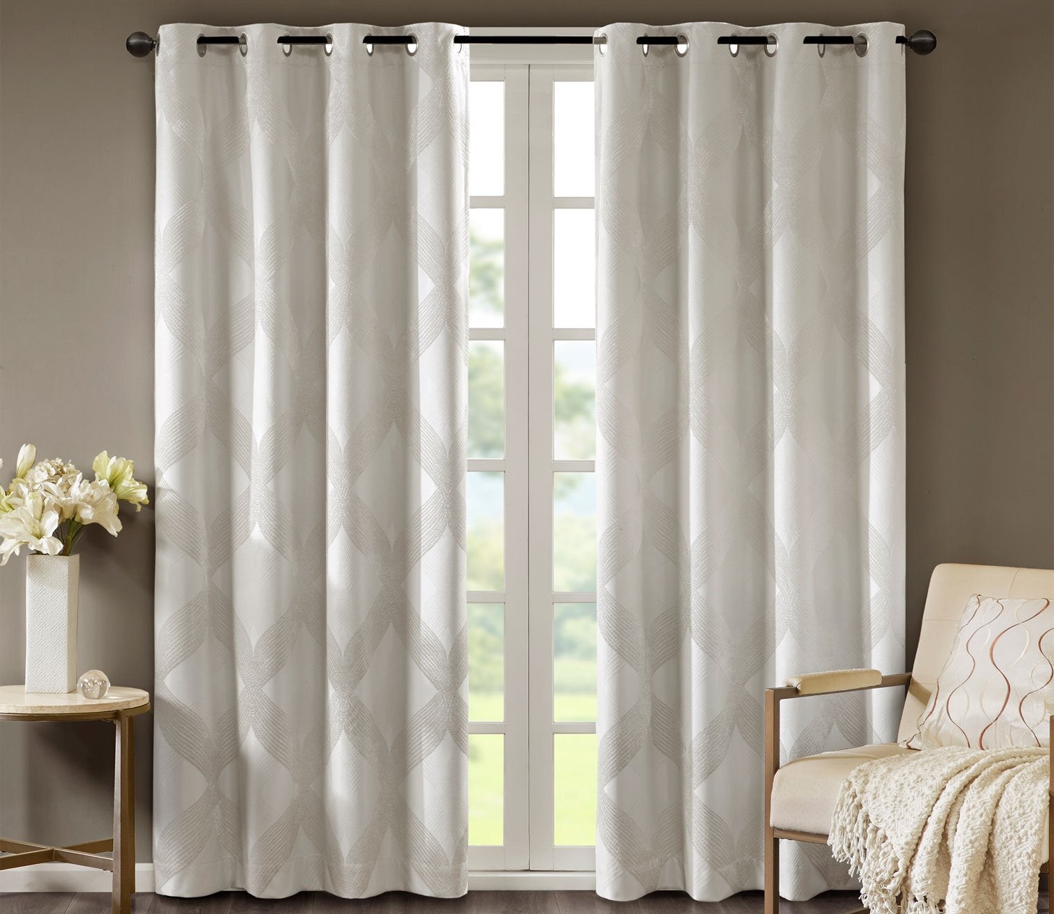 Bentley Ogee Knitted Jacquard Total Blackout Grommet Top Curtain Panel