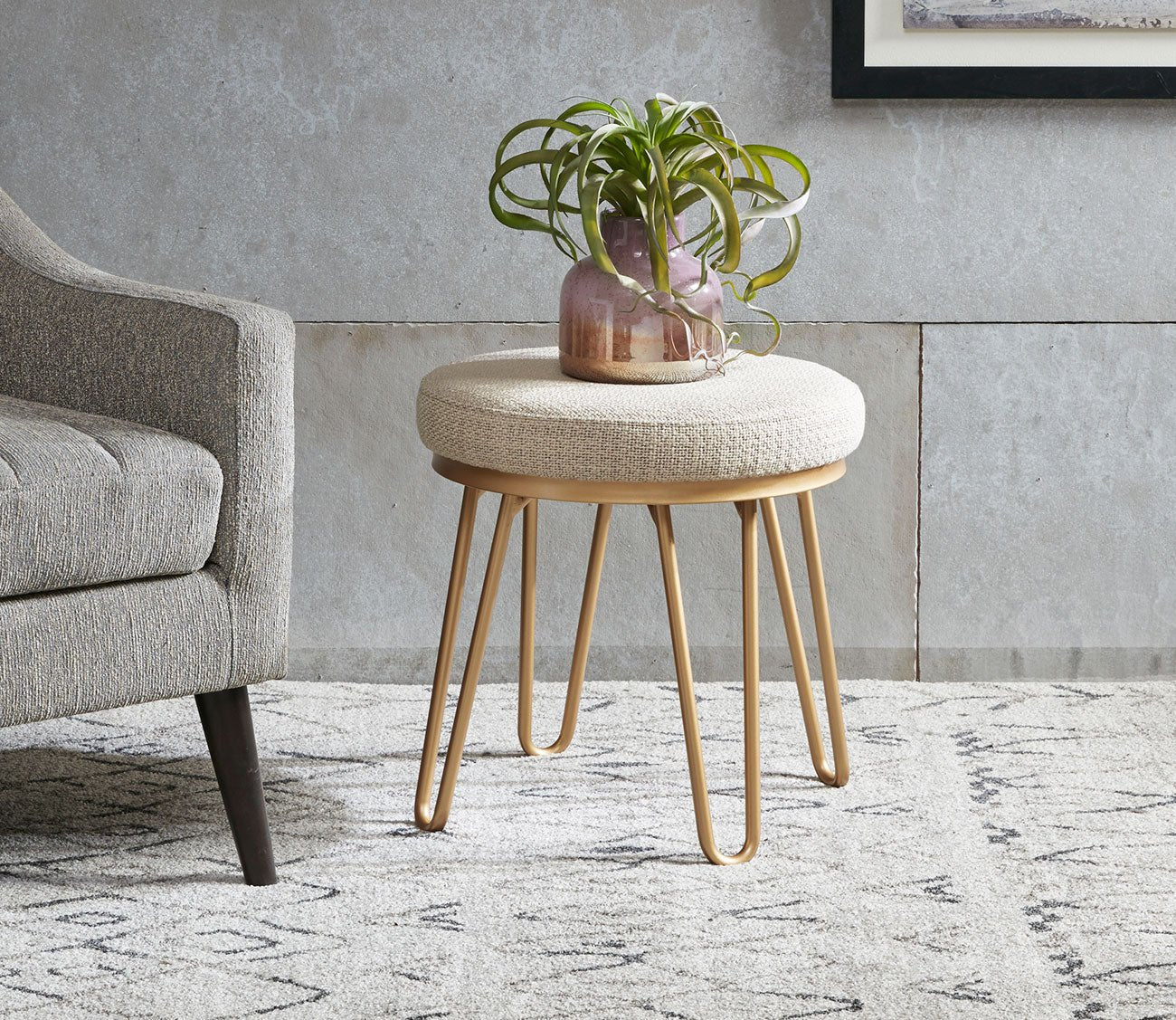 Beverly Tan Fabric Upholstered Round Stool
