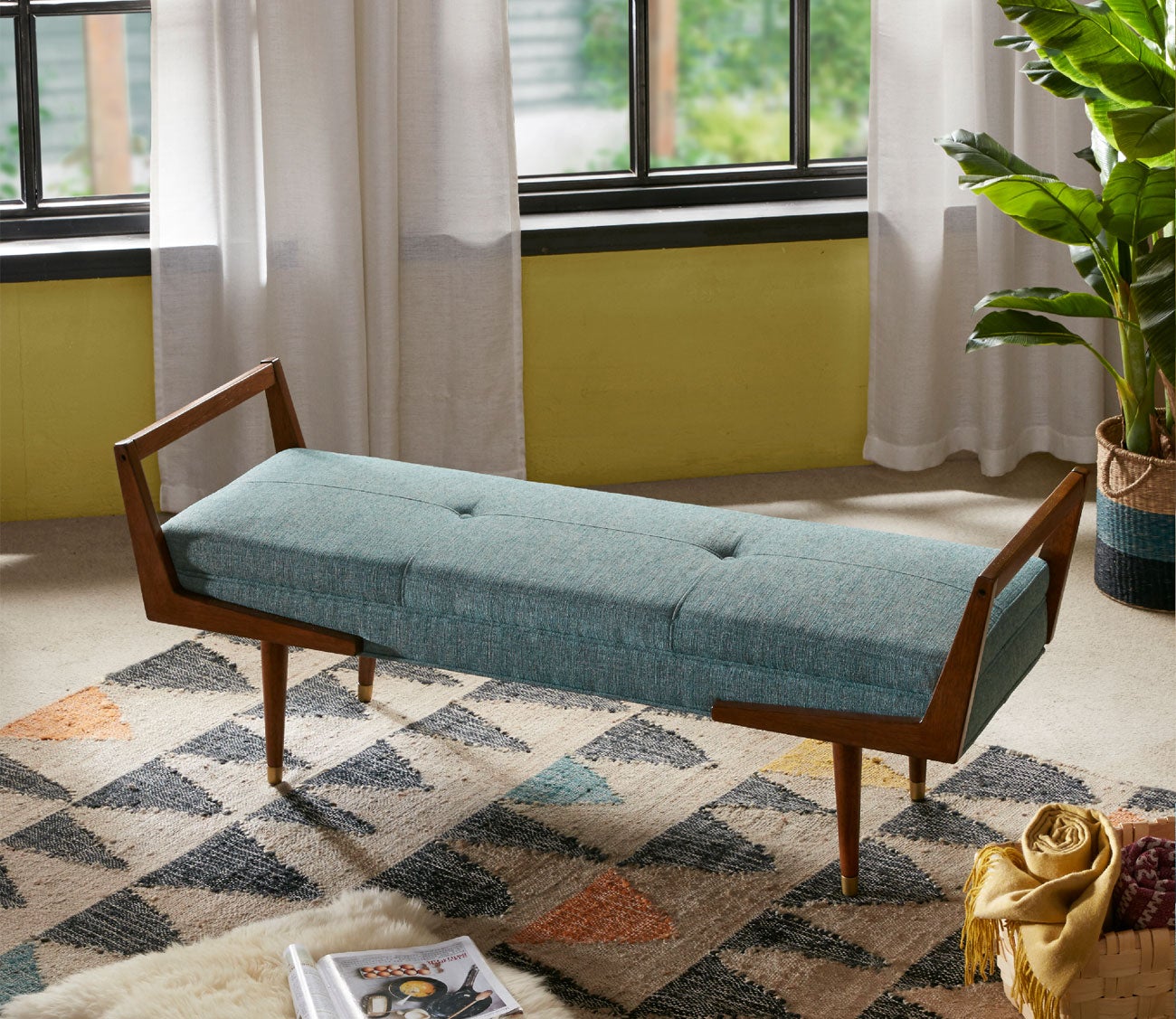 Boomerang Blue Fabric Upholstered Wood Bench by INK + IVY