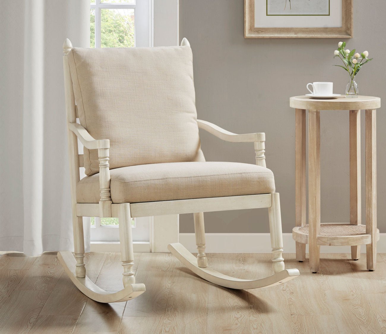 Braxton Cream Upholstered Wood Rocking Chair by Martha Stewart