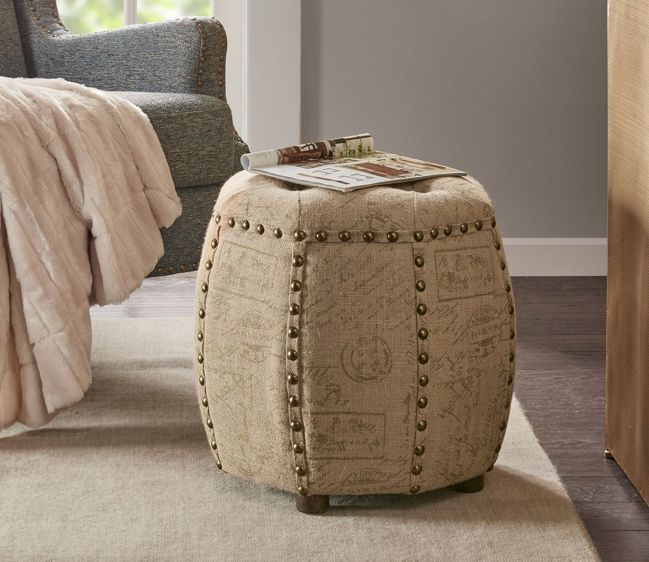 Brianna Tufted Jute Fabric Octagon Ottoman