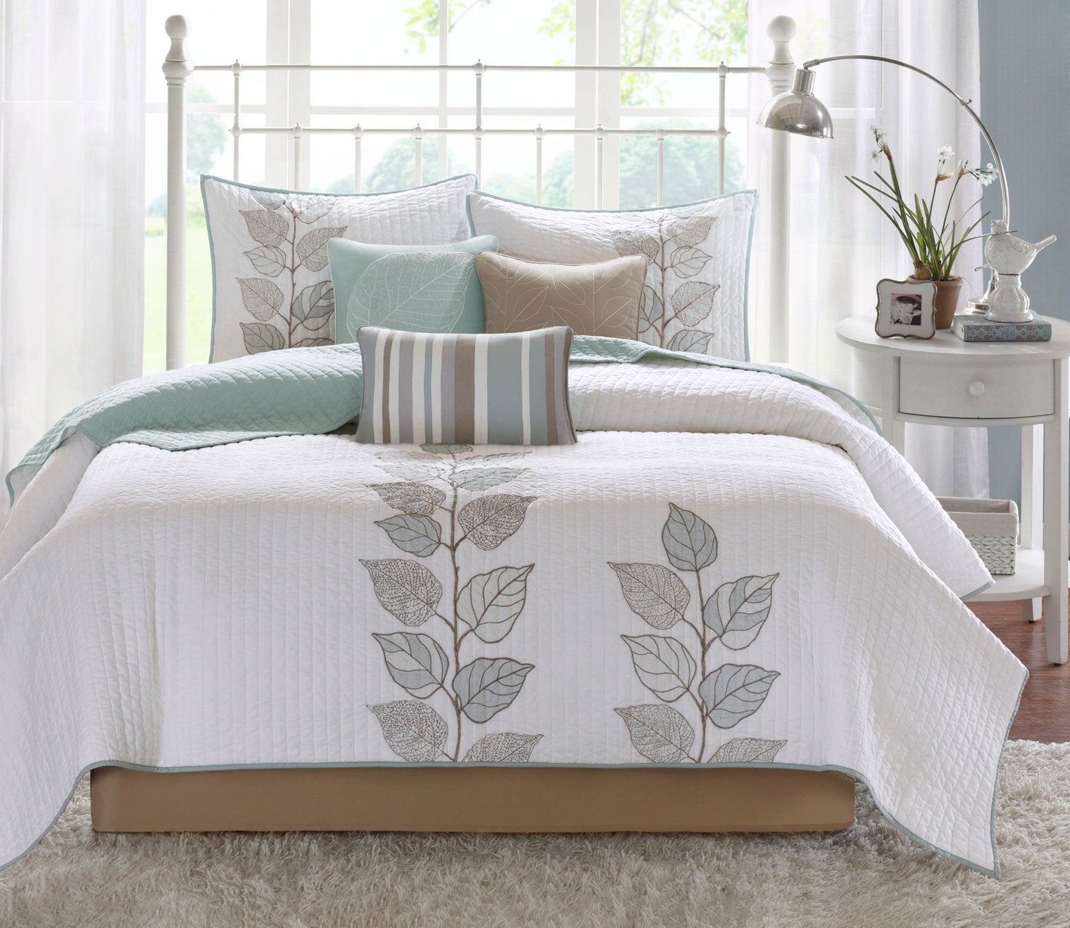 Caelie Reversible Leaf Embroidered Microfiber 6-Piece Coverlet Set