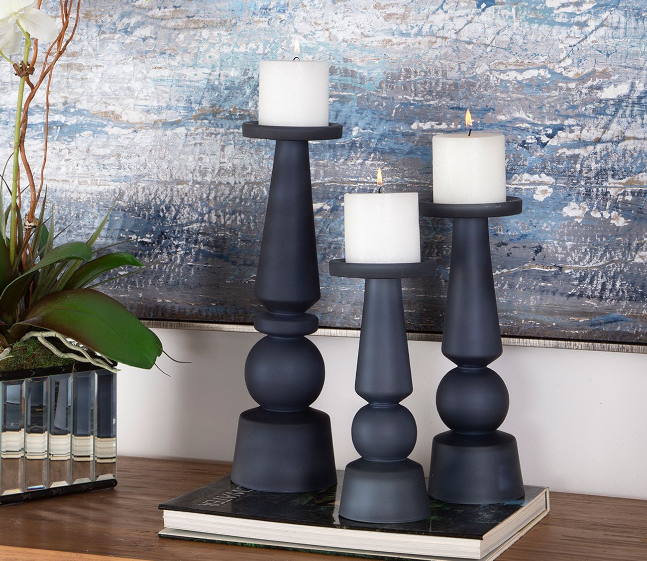 Cassiopeia Blue Glass Candleholders Set of 3 by Uttermost