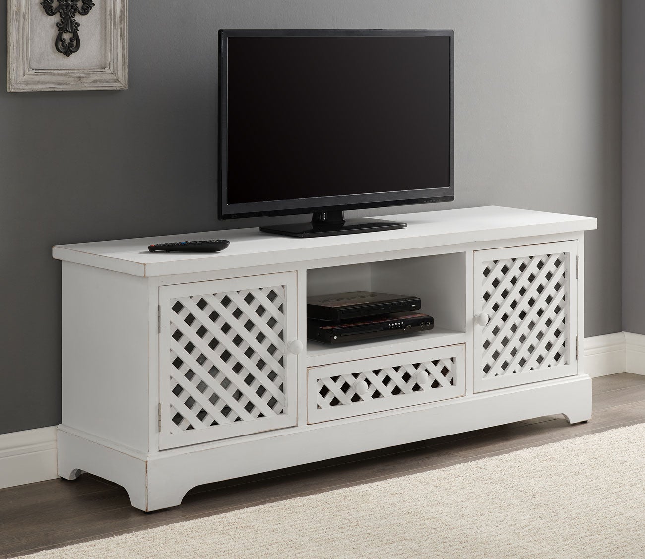Delaney White Lattice Cutout TV Cabinet