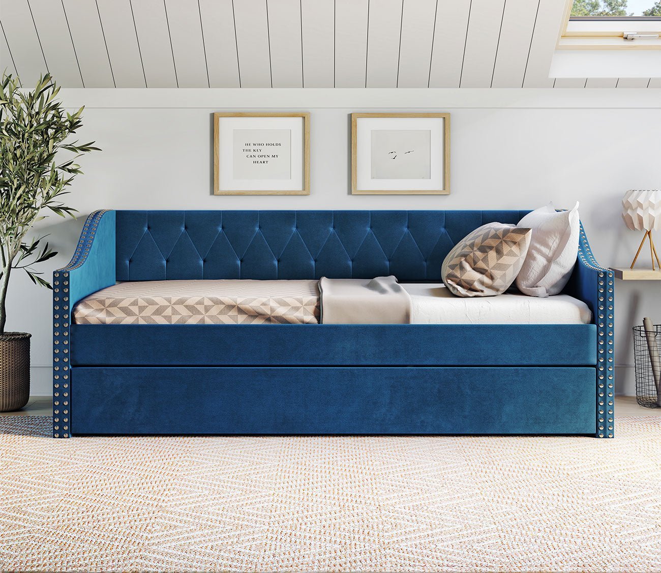 Dexter Tufted Blue Velvet Daybed and Trundle by Arkotec