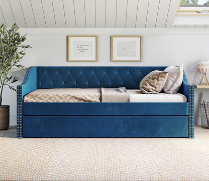 Dexter Tufted Blue Velvet Daybed and Trundle by Arkotec
