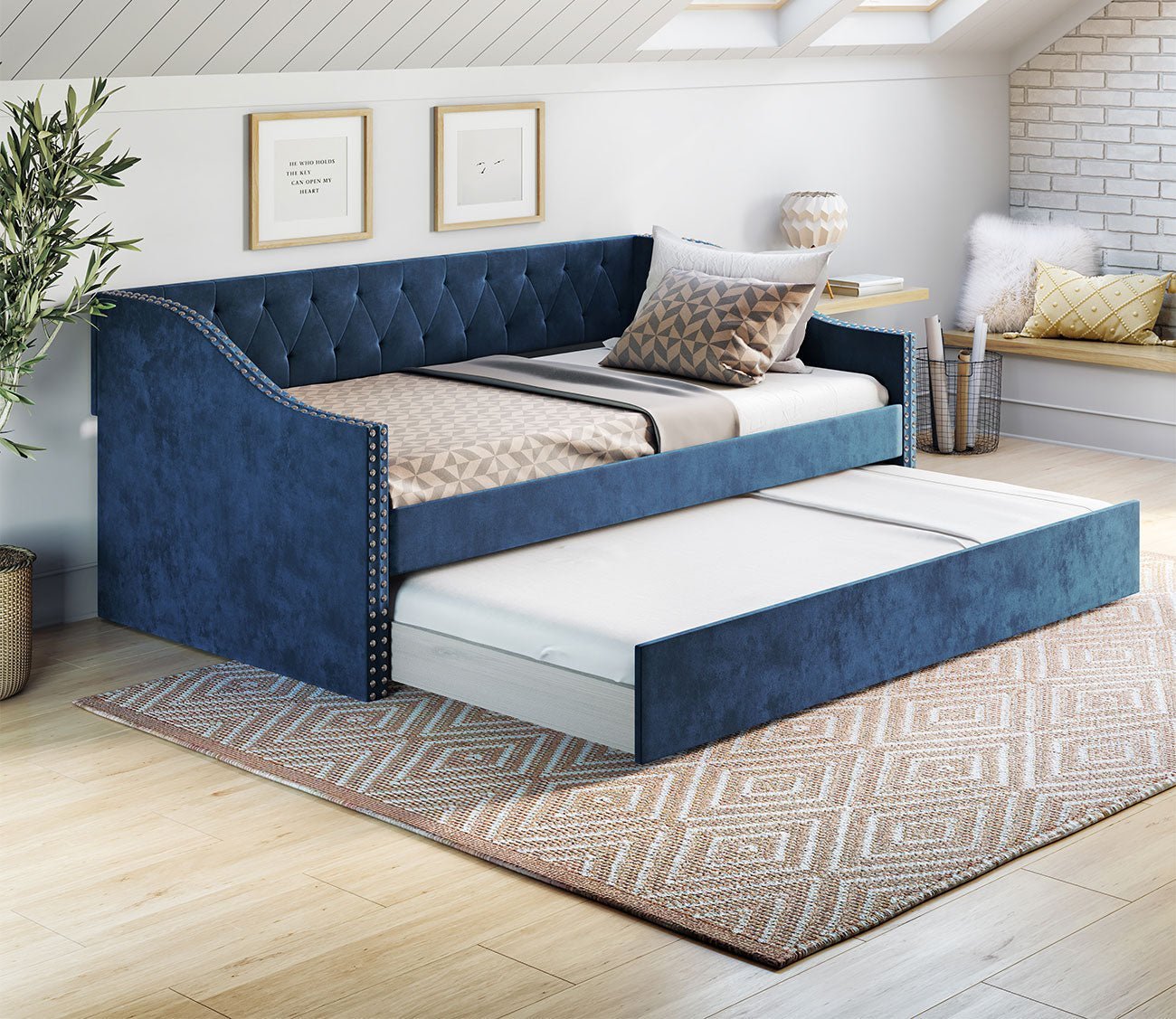 Dexter Tufted Blue Velvet Daybed and Trundle