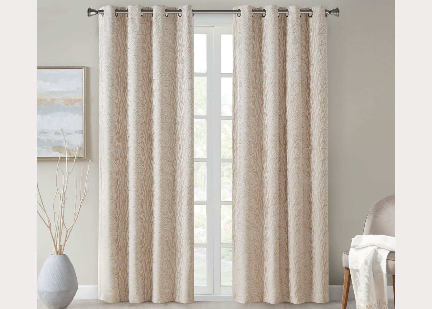 Everly Branch Jacquard Total Blackout Grommet Top Curtain Panel by SunSmart