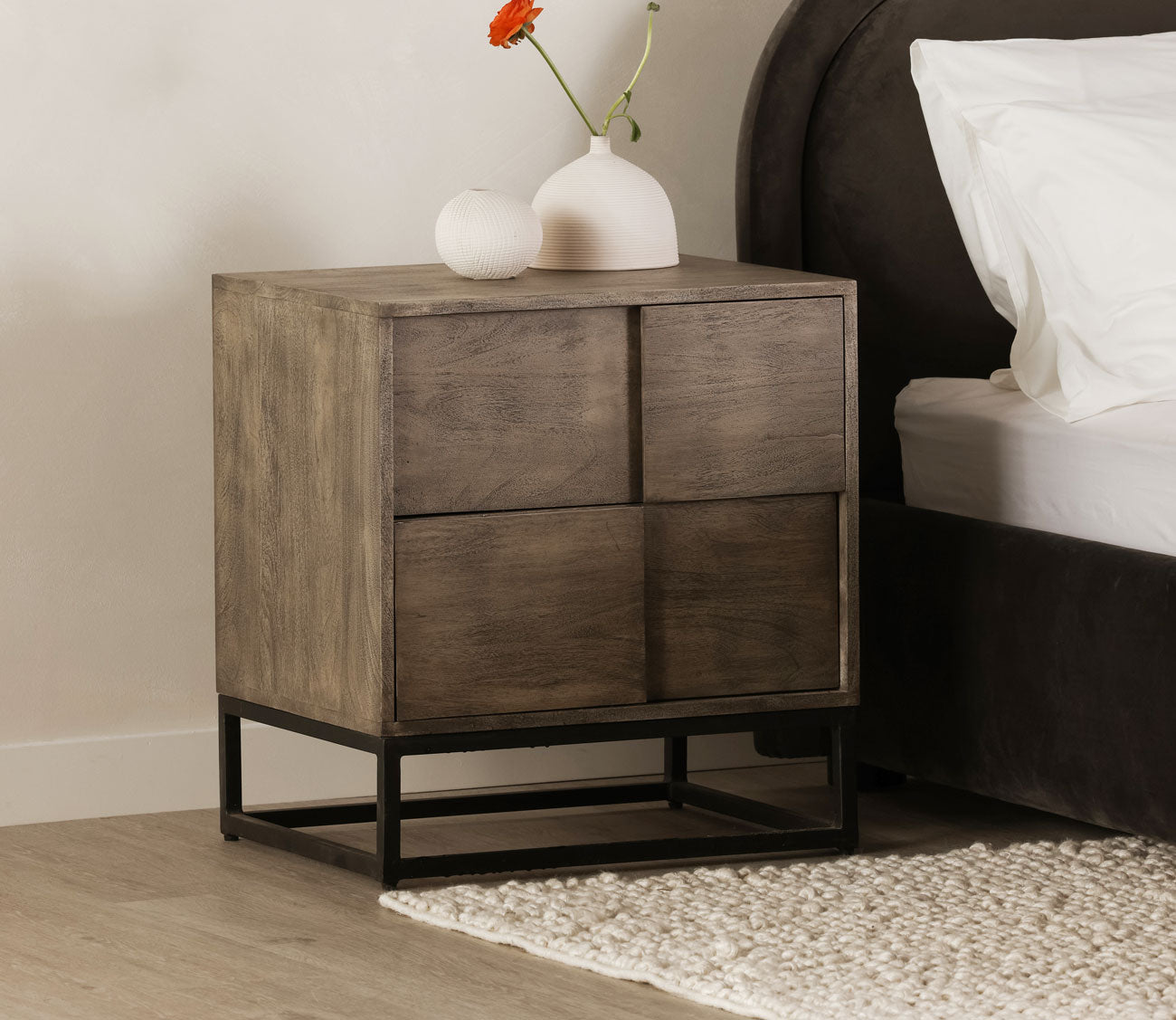 Felix Grey Acacia Wood 2-Drawer Nightstand