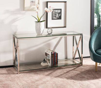 Hayward Glass Top Chrome Console Table by Safavieh