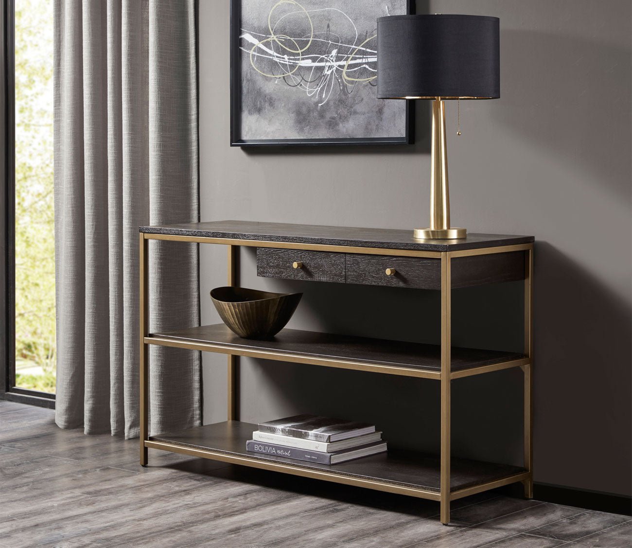 Holls Gold Metal Frame Wood 3-Shelf Console Table by Martha Stewart