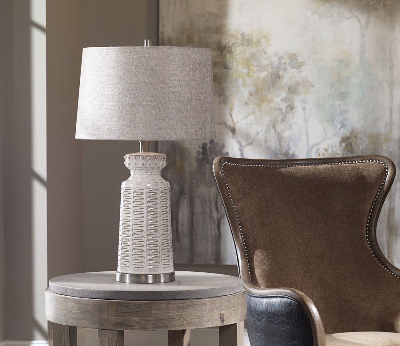 Kansa Distressed White Table Lamp by Uttermost