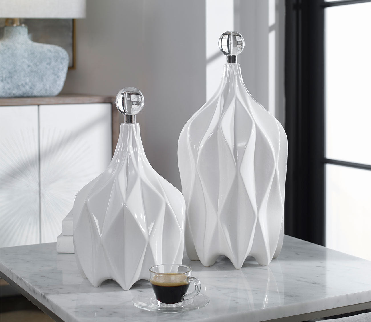 Klara White Bottles Set of 2 by Uttermost