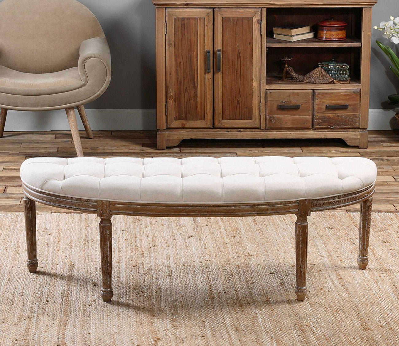 Leggett Tufted White Bench by Uttermost