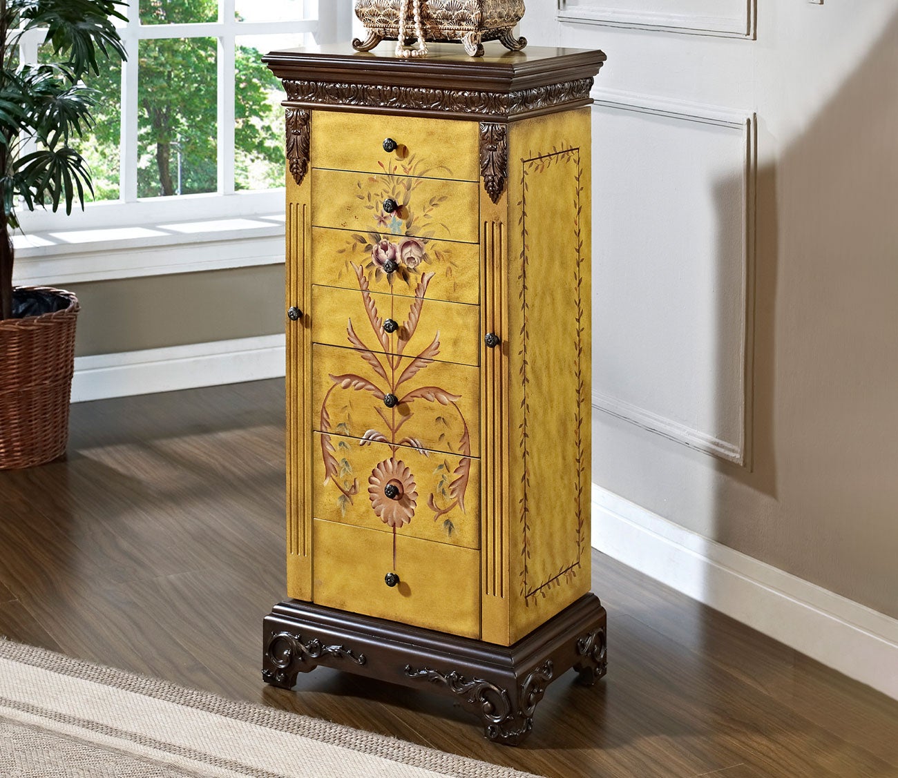 Masterpiece Antique Parchment Hand Painted Jewelry Armoire