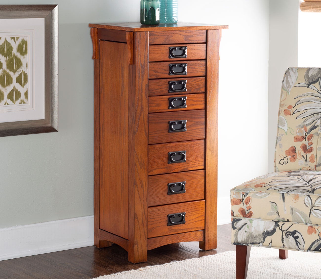 Mission Oak Wood 8-Drawer Jewelry Armoire