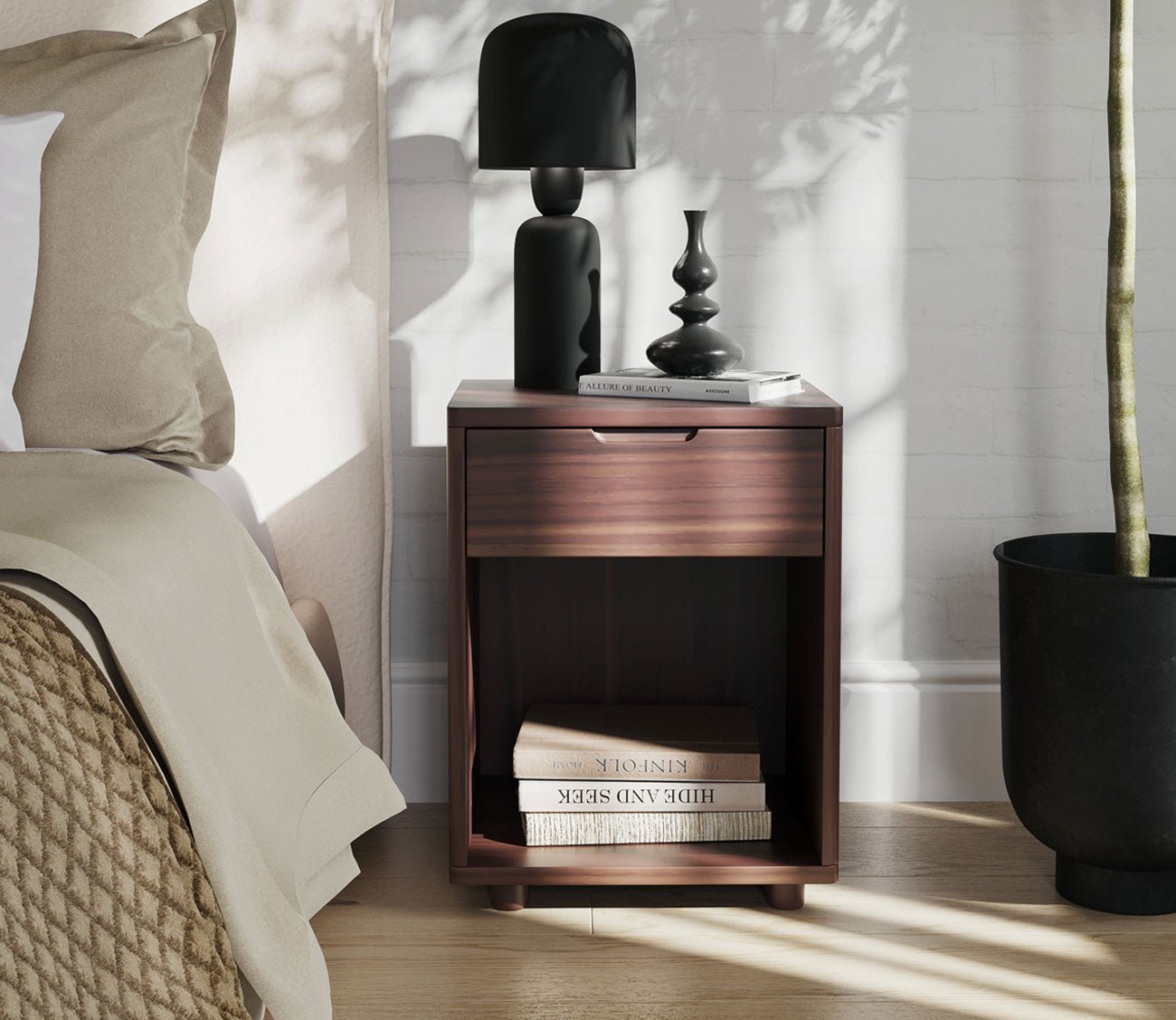 Osamu Walnut Wood 1-Drawer Nightstand